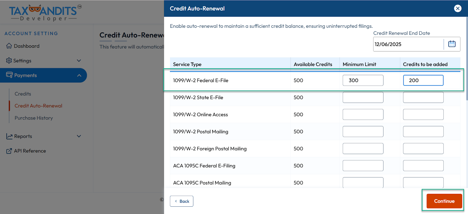 Auto credit renewal